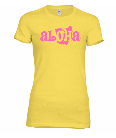 Aloha OH Ladies Fitted Tee Yellow w/Pink Logo