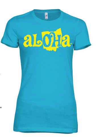 Aloha OH Ladies Fitted Tee Turquoise w/Yellow Logo