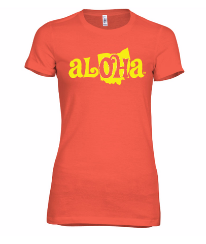 Aloha OH Ladies Fitted Tee Coral w/Yellow Logo